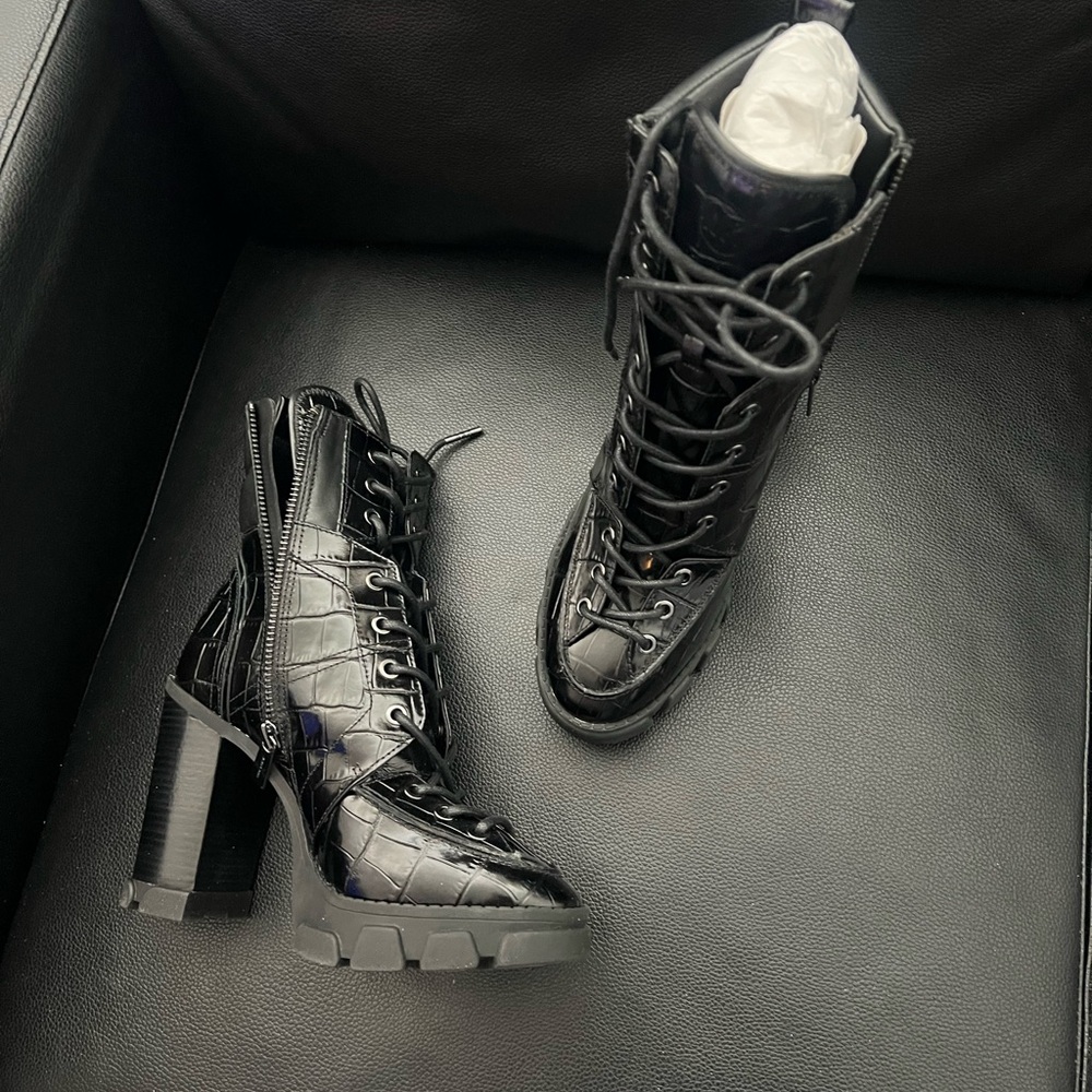 Michael Kors Ridley Croc-Embossed Black Lace-Up Heeled Combat Boots